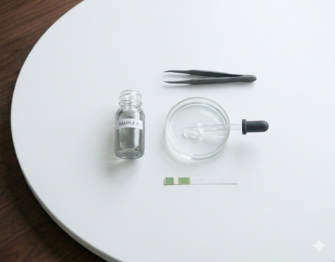 Extraction kit — labeled sample vial, petri dish, dropper, tweezers, pH strip on a white lab surface