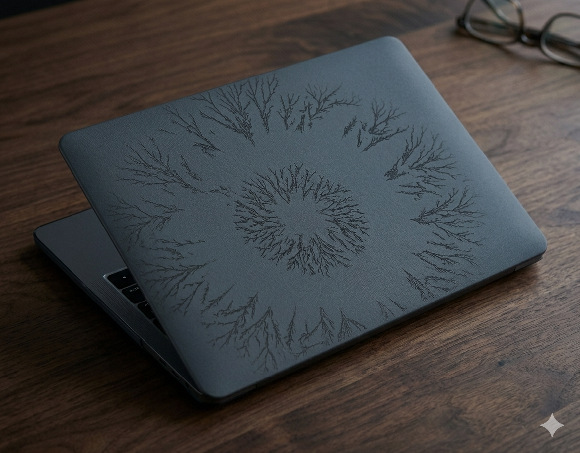 Laptop lid laser-etched with a dendritic tear pattern in matte finish