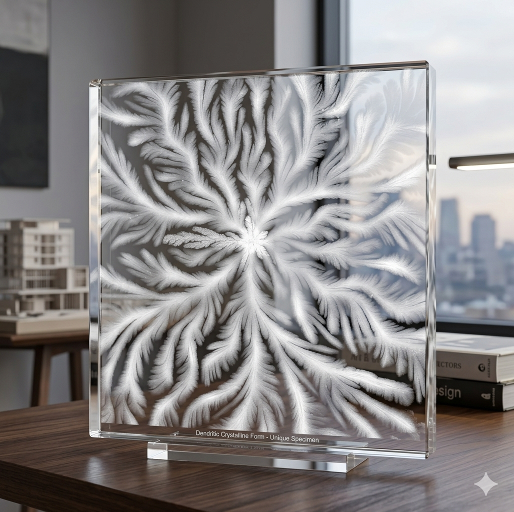 Crystal plaquette etched with a dendritic tear pattern, standing on a desk