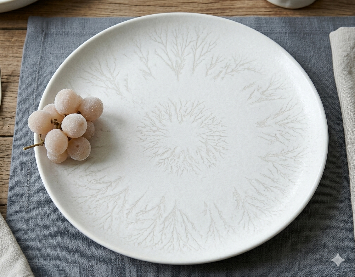 Porcelain plate with a dendritic tear motif under the glaze